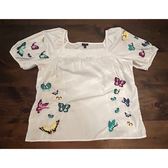 Talbots Embroidered Poplin White Top Scattered Butterfly Women Size Large Petite - Picture 4 of 7